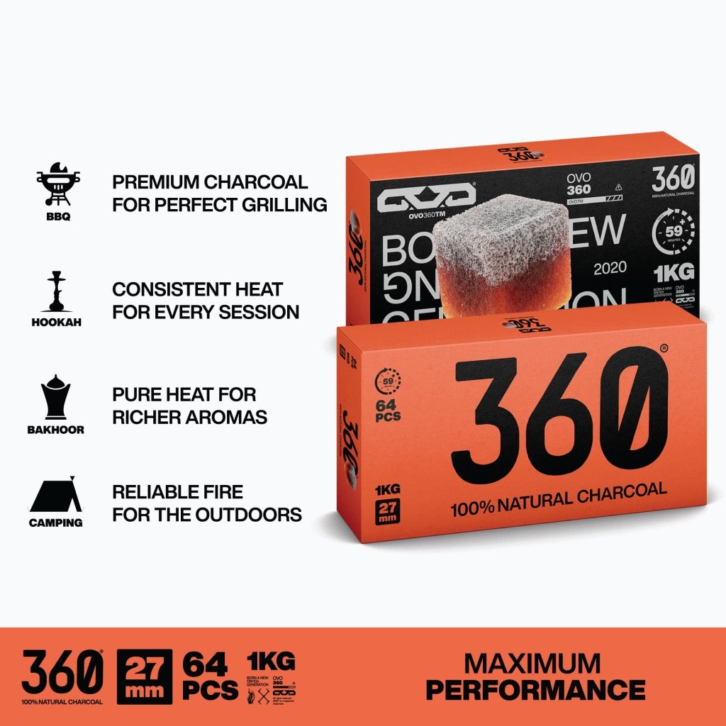 OVO 360 Premium Charcoal 27mm Cubes – 1kg (64 Pieces) - Shisha Shop